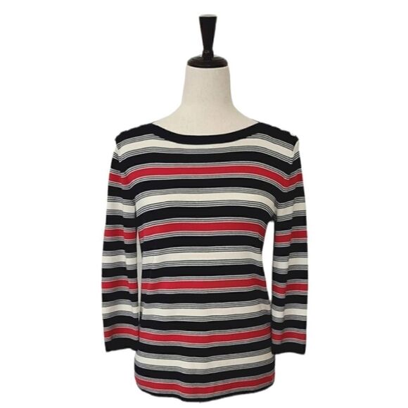 Talbots Red Striped Boatneck 3/4 Sleeve Gold Button Top - Picture 1 of 7